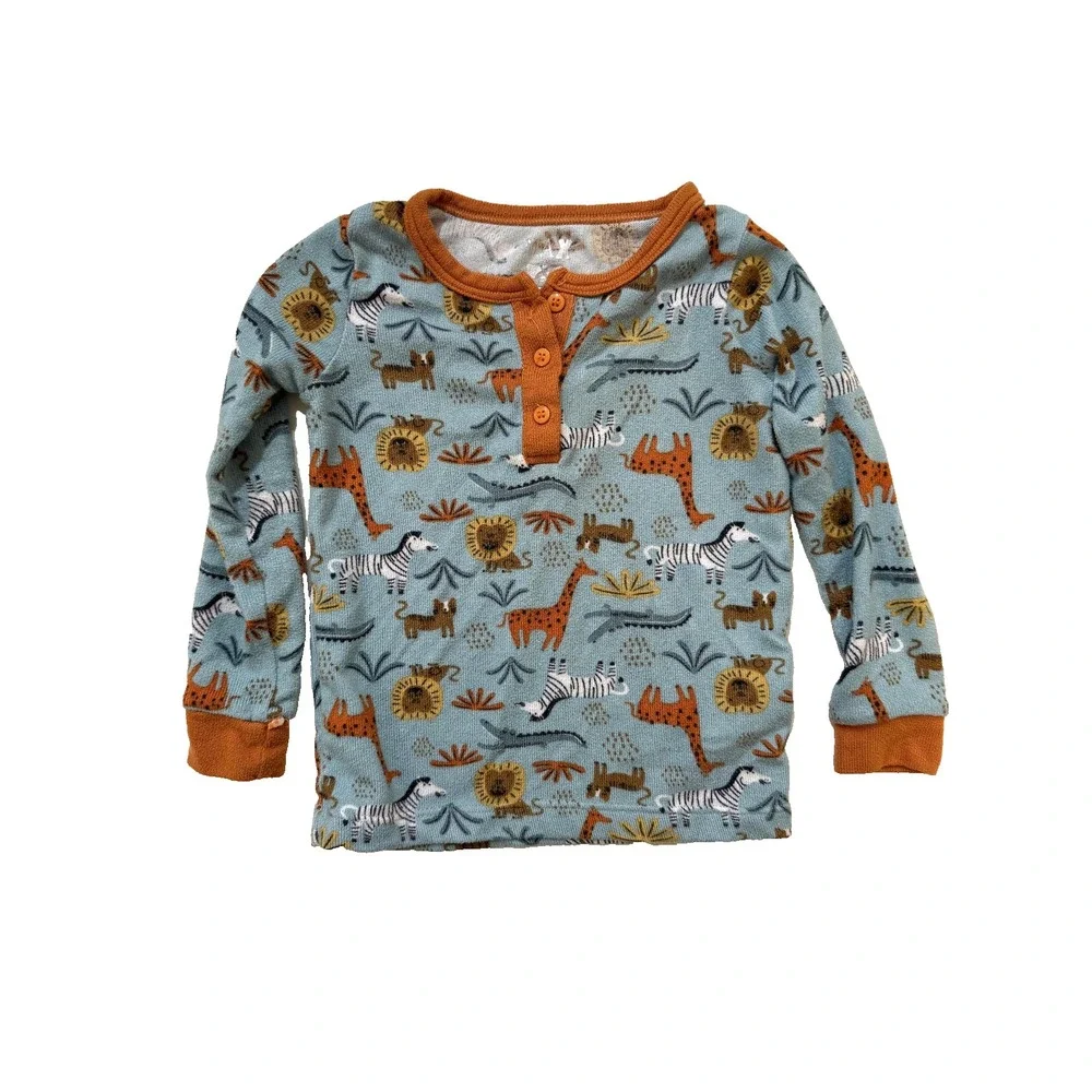 Old Navy Shirt Toddler 18-24 Months Blue Waffle Henley Safari Animal Print‎